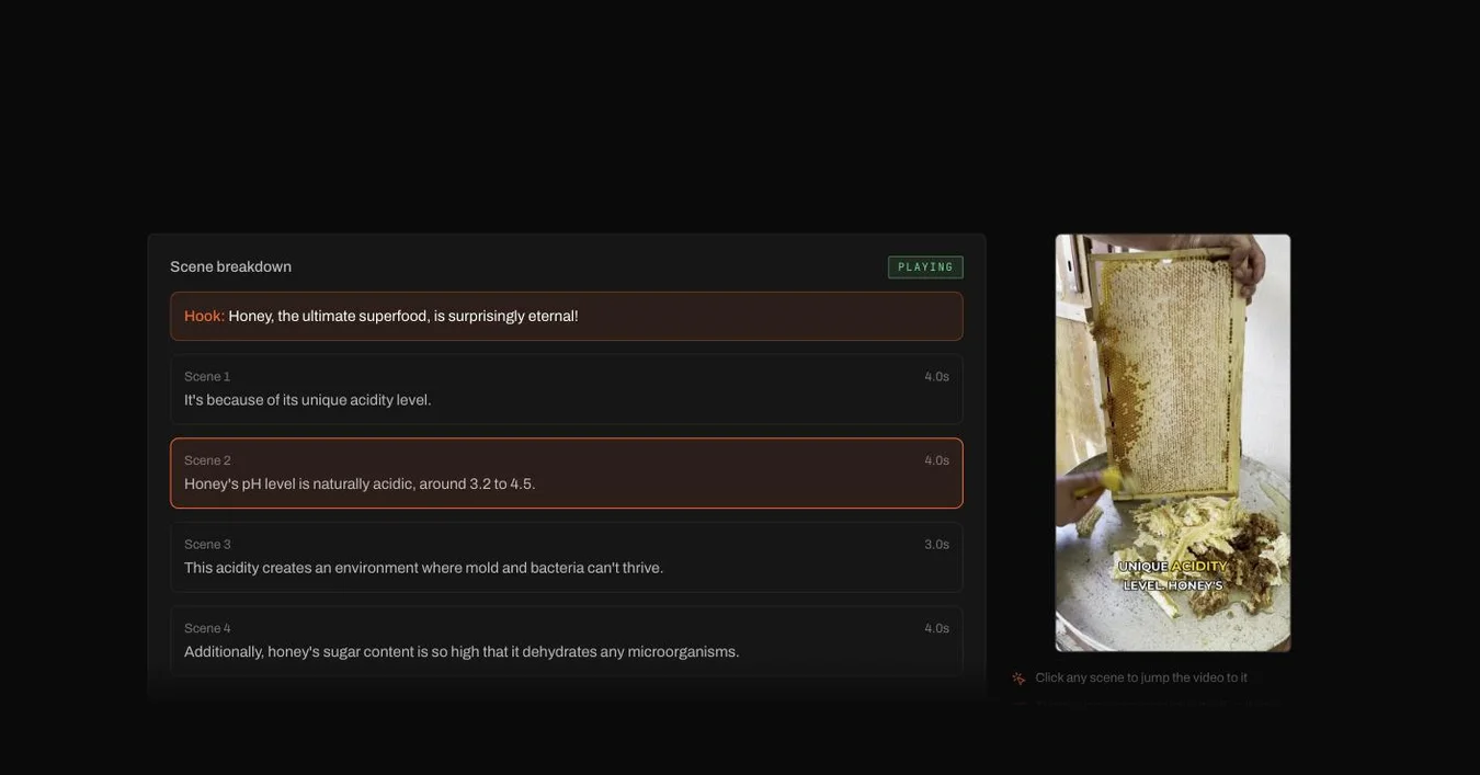 The scene breakdown next to the video player, with the playing scene highlighted and per-scene timings.