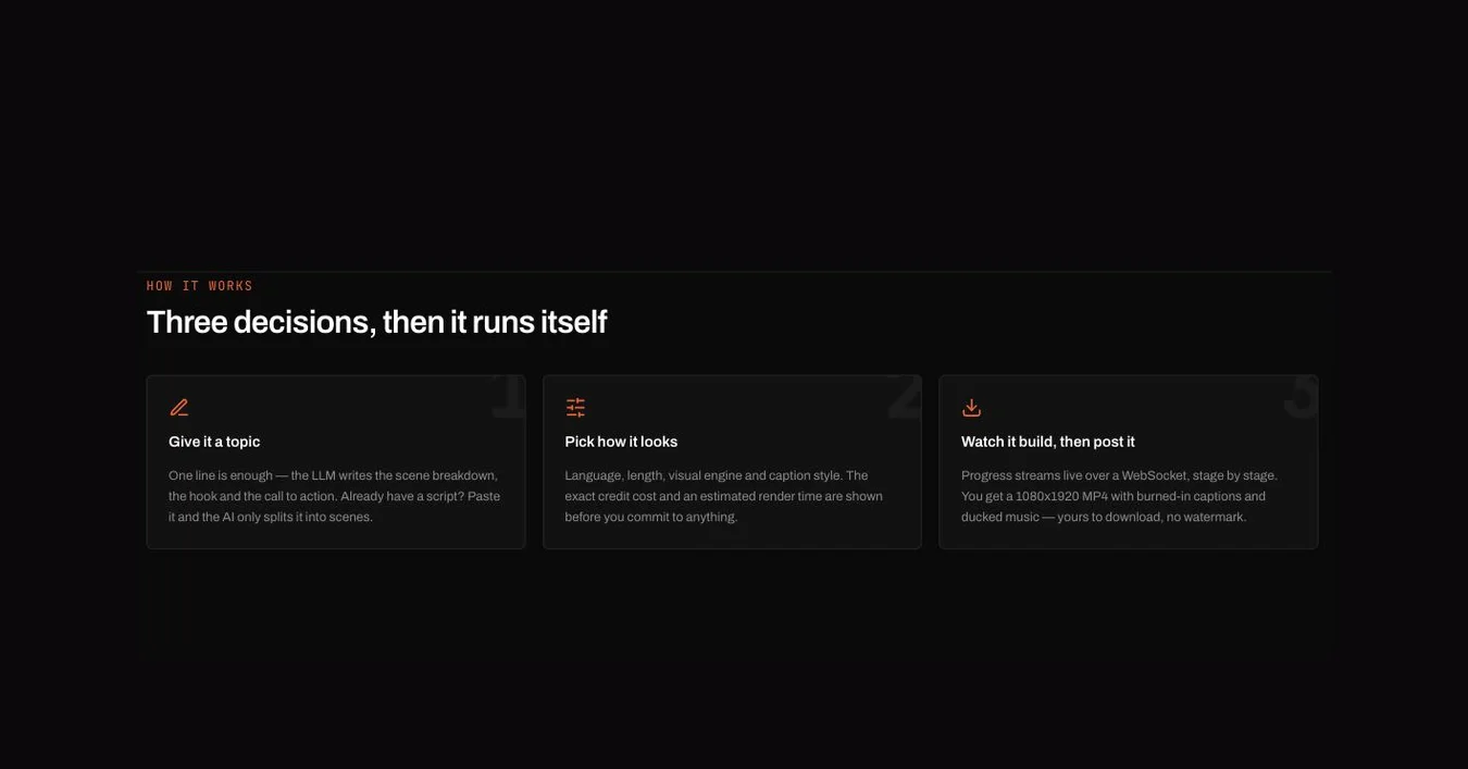 Three steps: give it a topic, pick how it looks, watch it build and post it.